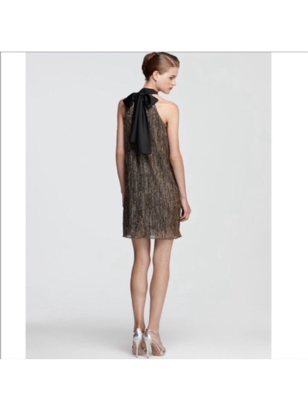 Laundry By Shelli Segal Black and Metallic Pleated Dress with Bow Size 10 - Picture 2 of 10